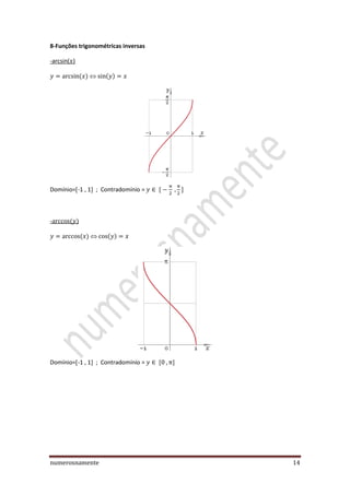 numerosnamente 14
8-Funções trigonométricas inversas
-arcsin( )

Domínio= -1 , 1 ; Contradomínio =
-

Domínio= -1 , 1 ; Contradomínio =
 