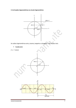 numerosnamente 7
4- As Funções trigonométricas no círculo trigonométrico
As razões trigonométricas seno, cosseno, tangente e cotangente são funções reais.
1- Função seno
 