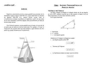 ¿SABÍAS QUÉ...                                                                           TEMA: RAZONES TRIGONOMÉTRICAS DE
                                                                                                        ÁNGULOS AGUDOS
                                CURVAS
                                                                               TRIÁNGULO RECTÁNGULO
                                                                                    Se llama triángulo rectángulo al triángulo donde uno de sus ángulos
     Nuestros conocimientos de las curvas geométricas provienen de la          es recto (90º), además recuerde que el lado opuesto al ángulo recto se
matemática egipcia Hipacia (370–415 d.C.), quien desarrolló los estudios       llama hipotenusa y los dos lados restantes catetos.
de Apolonio (262–190 a.C.). Hipacia obtuvo curvas, como la                          En la figura mostrada:
circunferencia, la elipse, la parábola y la hipérbola, a partir de secciones
de un cono realizadas a distintos ángulos. Este procedimiento se llama de
las secciones cónicas.

    Otra forma de generar curvas geométricas es trazar el recorrido de
un punto que se mueve en ciertas condiciones. Por ejemplo, al trazar la
trayectoria de un punto móvil que está siempre a igual distancia de otro
punto fijo, puede formarse una circunferencia.
                                                                                   c : hipotenusa
                                                                                   a b : catetos
                                                                                          : son ángulos agudos

                                                                                   Además en el triángulo rectángulo se cumple:
                                                                                      Los ángulos agudos suman 90º

                                                                                                                 .     +   = 90º .

                                                                                       Teorema de Pitágoras

                                                                                                                 . a2 + b2 = c2 .

                                                                                       La hipotenusa siempre es mayor que los catetos

                                                                                                                     . c>a   b .
 