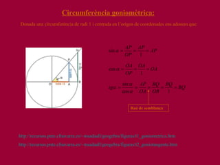 Circumferència goniomètrica: http :// recursos.pnte.cfnavarra.es /~ msadaall / geogebra / figuras /t1_ goniometrica.htm http :// recursos.pnte.cfnavarra.es /~ msadaall / geogebra / figuras /t2_ goniotangente.htm Donada una circumferència de radi 1 i centrada en l’origen de coordenades ens adonem que: Raó de semblança 