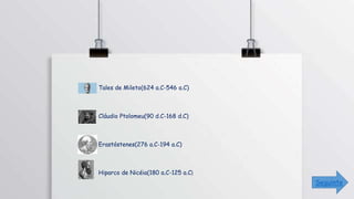 Tales de Mileto(624 a.C-546 a.C)
Cláudio Ptolomeu(90 d.C-168 d.C)
Erastóstenes(276 a.C-194 a.C)
Hiparco de Nicéia(180 a.C-125 a.C)
Seguinte
 