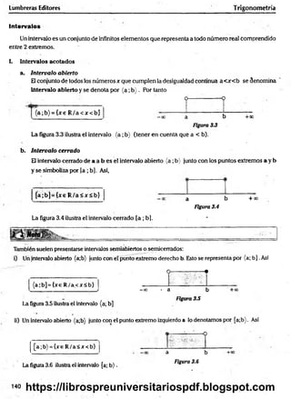 Lumbreras Editores Trigonometría
Intervalos
Un intervalo es un conjunto de infinitos elementos querepresenta a todo número real comprendido
entre 2 extremos.
I. Intervalos acotados
a. Intervalo abierto
El conjunto de todos los números x que cumplen la desigualdad continua a c x c b se denomina
intervalo abierto y se denota por ( a ;b ) . Por tanto
o—---------— o
(a;b) = {jre R /a c x c b J
-oo a b
Figura 3.3
+oo
La figura 3.3 ilustra el intervalo (a ;b) (tener en cuenta que a < b).
b. Intervalo cerrado
El intervalo cerrado de a a b es el intervalo abierto ( a ;b) junto con los puntos extremos a y b
y se simboliza por [a ; bj. Así,
[a;b ] = {xe R /a < x< b}
a b
Figura 3.4
+ 0
O
La figura 3.4 ilustra el intervalo cerrado [a ; bj.
i!*!*!
fiOruj
También suelen presentarse intervalos semiabiertos o semicerrados:
i) Un intervalo abierto (a;b) junto con eí punto extremo derecho b. Esto se representa por (a; b ].Así
cf------- ---------n
(a;b] = {jce R /a< x < b }
- > -oo • a b +00
Figura 3.5
La figura 3.5 ilustra el intervalo (a; b]
ii) Un intervalo abierto (a;b) junto con el punto extremo izquierdo a lo denotamos por [a;b). Así
[a;b) ={xe R /a< x<b}
---------------- cp
La figura 3.6 ilustra el intervalo [a; b ) .
a b
Figura 3.6
140 https://librospreuniversitariospdf.blogspot.com
 