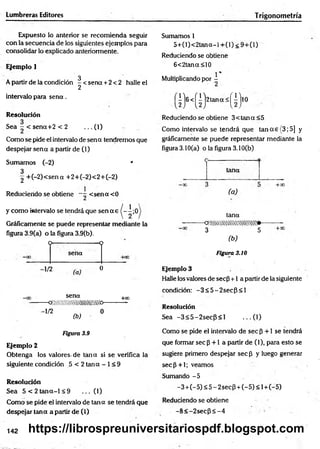 Lumbreras Editores T rigonometría
Expuesto lo anterior se recom ienda seguir
con la secuencia de los siguientes ejemplos para
consolidar lo explicado anteriormente.
Ejemplo 1
3
A partir de la condición -< s e n a + 2<2 halle el
2
intervalo para s e n a .
Resolución
Sea - < sena+2 < 2 ... 0 )
Como se pide ei intervalo de sena tendremos que
despejar sena a partir de (1)
Sumamos (-2) *
3
2 +(—
2)< sena +2+(—
2)<2+C—
2)
Reduciendo se obtiene ~ < sen a <0
y com o intervalo se tendrá que sen a e |- i ; 0
Gráficamente se puede representar mediante la
figura 3.9(a) o la figura 3.9(b).
O — ---------------- 9
sena
- ' n (°
sena
— Q M im m m iitw b-
-1/2 „ . 0
+O
0
(b)
Figura 3.9
Ejemplo 2
Obtenga los valores-de tana si se verifica la
siguiente condición 5 < 2 tana - 1< 9
Resolución
Sea 5 < 2 ta n a - l< 9 ... (1)
Como se pide el intervalo de tana se tendrá que
despejar tana a partir de (1)
Sumamos 1
5 + (l)< 2 ta n a -i+ (l)< 9 + (l)
Reduciendo se obtiene
6<2tana<10
Multiplicando por i
l)6 < (l)2 B n «s (i)lO
Reduciendo se obtiene 3< tan a <5
Como intervalo se tendrá que tan a e (3; 5] y
gráficamente se puede representar mediante la
figura 3.10(a) o la figura 3.10(b)
c------------------------
taha
( a )
tana
-o/.w tm /m /m m .*-
3 5
(b)
Figura 3.10
Ejemplo 3
Halle los valores de sec$ +1 a partir de la siguiente
condición: -3 < 5 -2 s e c P < l
Resolución
Sea -3 < 5 -2 se c P < l ...(1 )
Como se pide el intervalo de sec p +1 se tendrá
que formar sec p +1 a partir de (1), para esto se
sugiere primero despejar sec p y luego generar
se c p + l; veamos
Sumando -5
-3 + (-5 ) < 5 - 2secP + (-5) < 1+(-5)
Reduciendo se obtiene
-8 < -2 se c P < -4
142 https://librospreuniversitariospdf.blogspot.com
 