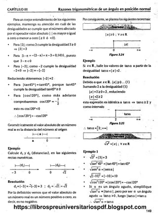CAPÍTULO II! Razones trigonométricas de un ángulo en posición normal
Para un mejor entendimiento de los siguientes
ejemplos, mantenga su atención en cuál de las
desigualdades se cumple que el número afectado
por el operador valor absoluto | | es mayor o igual
a cero o menor a cero (> 0 ó <0).
• Para j3 ¡;como 3 cumple la desigualdad 3 > 0
=> 13 1=3
• Para 3 - n = - ( 3 - n ) = J t - 3 = 0,1416, puesto
que 3 - ji<0
• Para |- 2 |; como -2 cumple la desigualdad
-2 < 0 => |—
2 1= —
(—
2)
Porconsiguiente, se plantea los siguientes teoremas:
|x |S 0 ; V xe R
, Ixt
-0 0 0 + x
Figura 334
Ejemplo
Si x e R , halle los valores de tan a a partir de la
desigualdad tana = |x |+ 2 .
Reduciendo obtenemos |-2 | =2
• Para | tan45° | =tan45°, po rq u e tan45°
cumple la desigualdad tan45°> 0
• Para |c o s í20°|, com o m ás adelante
comprobaremos eos 120° = - -
esto es cosl20°<0
|cosl20J| = -cosl20°
Geométi icalnente el valor absoluto de un número
real a es la distancia del núm ero al origen
h—Ia I
— I
—----- 1
------------- 1
---------- *
■
a 0
Ejemplo
Calcule d, y d2 (distancias), en las siguientes
rectas numéricas.
I
— |d,|— | I
— |d2|— l
---- 1
------------- H------► ---- 1
------------- 1
-------►
- 3 0 0 f i
Resolución
d, = |- 3 |= - ( - 3 ) = 3 | d2= ¡>/2¡ = V2
Por la definición vemos que el valor absoluto de
un número real es un número positivo o cero, es
decir, es no negativo.
Resolución
Debido a que x e R . |x |> 0 ... (1)
Sumando 2 a la desigualdad (1)
|x | +2 > 0 + 2, reduciendo
| x | +2 > 2
esta expresión es idéntica a tan a => tana 2 2 y
como intervalo
tana
- x 2 +cc
Figura 335
tana=[2;+°°)
V 7 - |* | ; V xeR
Ejemplo 1
•  ( ? = |3 | = 3
• Vían245° = | tan 45°| = tan 45°
• vsen2a = |s e n a |
• n
/C-10)2 = |-1 0 | = 10
• Veos2120° = | eos 120°| = - eos 120°
• Si a es un ángulo agudo, sim plifique
Vtan2a - 1tana | , pero por ser a un ángulo
agudo => tan a > 0 , luego |ta n a | = tan a
.-. Vtan2a = tana
https://librospreuniversitariospdf.blogspot.com
 