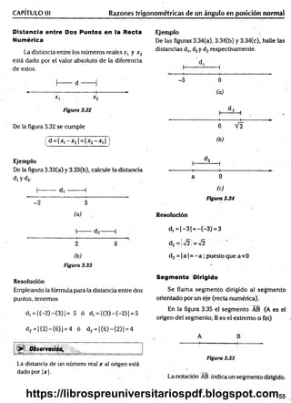 CAPÍTULO III Razones trigonométricas de un ángulo en posición normal
D istancia entre D os P untos en la R ecta Ejemplo j
Num érica De las figuras 3.34(a), 3.34(b) y 3.34(c), halle las
La distancia entre los números reales x, y x 2
distancias d|t d2y d3respectivamente.
está dado por el valor absoluto de la diferencia
de estos.
d,
1
----------1
--------1
h — d --------1
-3 0
--------------- .-------------------- 1
--------------- ►
*1 *2
(a)
Figura 3.32 d 2
1
------ — ! , . .
De la figura 3.32 se cumple
------------------------- 1
-----------1
---------------►
0 V2
(d = |x i- x 2| = |x 2- x ,| ] (b)
Ejemplo d 3
1
---------— 1
De la figura 3.33(a) y 3.33(b), calcule la distancia
d ,y d 2.
-----------1
--------------1
--------------------------►
a 0
t— — d , --------- 1 (c)
-2 3
Figura 3.34
(a) . Resolución
1
--------d2---------1 d, = I—
3 1= —
(—
3) = 3
2 6 d2=:v/2: = V
/2
(b) d3 = | a | = - a ; puesto que a<0
Figura 3.33 *
Resolución
Segmento Dirigido
Empleando la fórmula para la distancia entre dos Se llama segm ento dirigido al segm ento
puntos, tenemos orientado por un eje (recta numérica).
d, = | (—
2) —
(3)J= 5 ó d, = |(3 )-(-2 )| = 5
En la figura 3.35 el segmento AB (A es el
origen del segmento, B es el extremo o fin)
d2= | (2) - C6)| = 4 ó d2= | (6) - (2) 1= 4
A B
l> ; Observación.
La distancia de un número real x al origen está
Figura 3.35
dado por |x|.
La notación AB indica un segmento dirigido.
155
https://librospreuniversitariospdf.blogspot.com
 