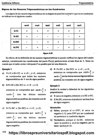 Lumbreras Editores Trigonometría
Signos de las Razones Trigonométricas en los Cuadrantes
Los signos de las razones trigonométricas de un ángulo en posición normal 6 que no es cuadrantal,
se indican en el siguiente cuadro:
sen0 cos0 . tanB cot0 sec© CSC©
0eIC + + +~ + + +
0EIIC + - - - — - +
06IIIC - ■ - + + -
0eIVC - + - - + -
Figura 3.59
En efecto, de la definición de las razones trigonométricas se puede verificar los signos del cuadro
anterior, considerando las coordenadas del punto P(x,-y), perteneciente al lado final de 0. Tener en
cuenta que el radio vector r del punto P es positivo por ser una distancia.
Ejemplo 1
a) P e lC o (0 e iC ) => x > 0 ; y > 0 , entonces
se com prueba que todas las razones
trigonométricas de 0 son de signo positivo.
b) S iP elIC o(0eIIC )= * x < 0 ; y > 0 ,
entonces se com prueba que sen0 = - y
r
csc0 = - son las ú n icas razones
y
trigonométricas positivas, las restantes son de
signo negativo.
c) Si PelIIC o (0eIHC)=$ x < 0 ; y < 0 ,
y
entonces se comprueba que tan9 = — y
x
x
cot0 = —; son las ú n icas razones
y
trigonométricas positivas, las restantes son de
signo negativo.
174
d) Si PelVC o (0eIVC) =* x>GÍ ; y < 0 ,
X
entonces se com prueba que cos0 = y y
sec 0 = - son las únicas razones trigonométricas
x
positivas, las restantes son de signo negativo.
Ejemplo 2
Analice la verdad o falsedad de las siguientes
proposiciones:
a) Si sen a es negativo, entonces a e IIIC o IVC.
b) Si 0e IIIC, entonces el producto tan0sec0 es
de signo negativo
Resolución
a) F also, porque si a = 270°, el sen a es
negativo (-1), pero 270° por ser cuadrantal
no pertenece a cuadrante alguno.
b) V erdadero, porque si e e IIIC, entonces
tan0 es positivo y sec0 es negativo, por lo
tanto tan0sec0<O .
https://librospreuniversitariospdf.blogspot.com
 