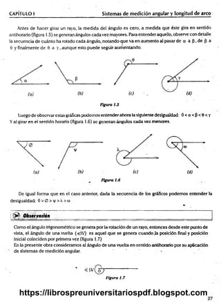 CAPÍTULO I Sistemas de medición angular y longitud de arco
Antes de hacer girar un rayo, la medida del ángulo es cero, a medida que éste gira en sentido
antihorario (figura 1.5) se generan ángulos cada vez mayores. Para entender aquello, observe con detalle
la secuencia de cuánto ha rotado cada ángulo, notando que va en aumento al pasar de a a ¡3, de p a
0 y finalmente de 0 a y , aunque esto puede seguir aumentando.
Figura 1.5
Luego de observar estas gráficas podemos entender ahora la siguiente desigualdad: O<CX<P<0<Y
Yal girar en el sentido horario (figura 1.6) se generan ángulos cada vez menores.
Figura 1.6
De igual forma que en el caso anterior, dada la secuencia de los gráficos podemos entender la
desigualdad: O > 0 > y > Á > co
«-
| Observación
1 '■ . ■ ____ _____________ ___
Como el ángulo trigonométrico se genera por la rotación de un rayo, entonces desde este punto de
vista, el ángulo de una vuelta (<1V) es aquel que se genera cuando la posición final y posición
inicial coinciden por primera vez (figura 1.7)
En la presente obra consideramos al ángulo de una vuelta en sentido antihorario por su aplicación
de sistemas de medición angular.
Figura 1.7
https://librospreuniversitariospdf.blogspot.com
 