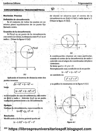 CIRCUNFERENCIA TRIGONOMÉTRICA W '
Lumbreras Editores Trigonometría
--------- —^
Nociones Previas
' Definición de circunferencia
Es el conjunto de todos los puntos en un
m ism o plano equidistantes de un punto fijo
llamado centro.
Ecuación de la circunferencia
Si P(x;y) es un punto de la circunferencia
con centro en C(h;k), la distancia entre P y C es el
radio r. (Véase la figura 4.1(a))
Aplicando el teorema de distancia entre dos
puntos tenemos
* V (x -h )2 + ( y - k ) 2 =r
luego i
■_ -------------------------- ----------------
i ( x - h )2 + (y -k )2 = r2 •
} ■
<V - v '-cr
j ¿ ■-a
. es la ecuación de una circunferencia, con centro :
en Ch;k) y radio r. Además (x;y) es un punto
cualquiera perteneciente a la circunferencia.
Ejeriiplo ¡ i I'
Grafique ía circunferencia, cuya ecuación es
*
' ■
' (x+3j)2 + (y - i)2 =4
Resolución
Modificando a la forma general queda así
(x - (-3))2 + (y—
l)2 = 22
de donde se observa que el centro de la
circunferencia es (h;k)=(-3¡J) y radio igual a 2.
(Véase la figura 4.1 (b)).
A continuación citam os un caso particular,
cuando el centro de la circunferencia de radio r
. coincide con el origen de coordenadas del plano
cartesiano.
Se tiene que h = 0 y k = 0
Reemplazando esta condición en la ecuación
(x - h) 2 + (y - k)2 = r2
se convierte en
( x 2 -l-y2 = r r
y su gráfico lo mostramos en la figura 4.1(c).
Figura 4.1
200
https://librospreuniversitariospdf.blogspot.com
 