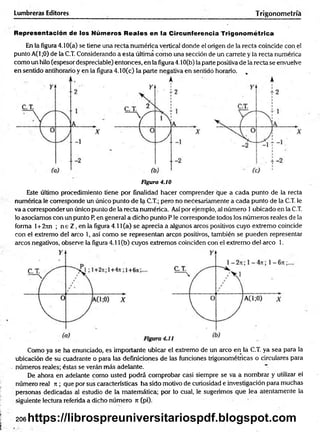 Lumbreras Editores Trigonometría
Representación de los Números Reales en la Circunferencia Trigonométrica
En la figura 4.10(a) se tiene una recta numérica vertical donde el origen de la recta coincide con el
punto A(1 ;0) de la C.T. Considerando a esta última com o una sección de un carrete y la recta numérica
com o un hilo (espesor despreciable) entonces, en la figura 4.10(b) la parte positiva de la recta se envuelve
en sentido antihorario y en la figura 4.10(c) la parte negativa en sentido horario. ,
Figura 4.10
Este último procedimiento tiene por finalidad hacer comprender que a cada punto de la recta
numérica le corresponde un único punto de la C.T.; pero no necesariamente a cada punto de la C.T. le
va a corresponder un único punto de la recta numérica. Así por ejemplo, al número 1 ubicado en la C.T.
lo asociamos con un punto P, en general a dicho punto P le corresponde todos los números reales de la
forma l+2jin ; n e Z , en la figura 4.11 (a) se aprecia a algunos circos positivos cuyo extremo coincide
con el extremo del circo 1, así com o se representan arcos positivos, también se pueden representar
arcos negativos, observe la figura 4.11 (b) cuyos extremos coinciden con el extremo de! arco 1.
Como ya se ha enunciado, es importante ubicar el extremo de un arco en la C.T. ya sea para la
ubicación de su cuadrante o paira las definiciones de las funciones trigonométricas o circulares para
números reales; éstas se verán más adelante.
De ahora en adelante com o usted podrá comprobar casi siempre se va a nombrar y utilizar el
número real it; que por sus características ha sido motivo de curiosidad e investigación para muchas
personas dedicadas al estudio de la matemática; por lo cual, le sugerimos que lea atentamente la
siguiente lectura referida a dicho número n (pi).
206 https://librospreuniversitariospdf.blogspot.com
 