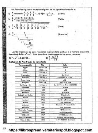 Las fórmulas siguientes muestran algunas.de las aproximaciones de Jt:
(Leibniz)
a) —= arctanl = —+ —- —+ ...+ (-1 )n + 1 — !— + ...
' 4 , 1 3 5 7 ' 2 n - l
b)
c)
d)
2 _ 2 x 2 x 4 x 4 x 6 x 6 x 8 ...
n 1 x 3 x 3 x 5 x 5 x 7 x 7 ...
2 = Í1
n y 2 .
1 1 1 íl i IT 1 íl
- + - . J - + —. 1—+ —.
2 2 i 2 V2 2 ' 2 2 ' Í2
(Wallis)
(Viéte)
(Brouncker)
1+ -
2 + -
2+ -
25
2 +
49
2 + «
La más im portante de estas relaciones es sin duda la que liga n al núm ero e según la
fórm ula de Euler em= -1 . Esta fórm ula se puede presentar de varias maneras:
Jt Ln>/-1
1) i’ = e 2 = 0,20788...
Evolución de Pi a través de la historia
2
>
r
Persona/pueblo Año Valor
Egipto - 2000 a.n.e. 3,1605
Chino - 1 200 a.n.e. 3
Biblia - 550 a.n.e. 3
Arquímedes - 3 00 a.n.e. 3,14163
Ptolomeo - 2 00 a.n.e. 3 7 7 /1 2 0 = 3,14166...
Chung Huing - 3 0 0 a.n.e. VT0
Wang Fau 263 a.n.e. 157/50 = 3,14
Tsu thung - Chi - 500 a.n.e. 3,1415926 < Pi < 3 ,1415929
Aryabhata - 5 0 0 3,1416
Brahmagupta - 6 0 0 ñ o
Fibonacci 1220 3,141818
Ludolph van Ceulen 1596 35 decimales
Machia 1706 - 100 decimales
Lamberf 1766 Nombfó a Pi irrqcional
Richter 1855 500 decimales
Lindeman 182 Nombró a Pi trascendente
Ferguson 1947 808 decimales
Ordenador Pegasus 1597 7 840 decimales
IBM 7090 1961 100 000 decimales
CDC 6600 1967 500 000 decimales
Cray - 2 (Kanada) 1987 T00 000 000 decimales
Univ. de Tokio 1995 4 294 960 000 decimales
208
https://librospreuniversitariospdf.blogspot.com
 