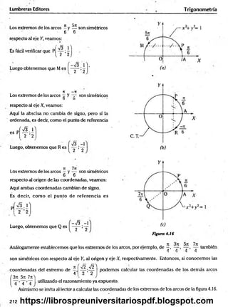 Lumbreras Editores T rigonometría
Los extremos de los arcos —y — son simétricos
6 6
respecto al eje Y, veamos:
'V 3 .2
2 ’ 2
Es fácil verificar que
Luego obtenemos que Mes
■V3.lV
2 ’ 2
n - ti
Los extremos de los arcos - y T - son simétricos
D O
respecto al eje X, veamos:
Aquí la abscisa no cambia de signo, pero sí la
ordenada, es decir, como el punto de referencia
<V3 V
es P
2 2
Luego, obtenemos que R es
V3
2 ’ 2
Los extremos de los arcos — y — son simétricos
6 6
respecto al origen de las coordenadas, veamos:
Aquí cimbas coordenadas cambian de signo.
Es decir, co m o el punto de referencia es
' V 3 . 0
2 ' 2
Luego, obtenemos que Q es
-V 3 .-1
2 ’ 2
Figura 4.16
Análogamente establecemos que los extremos de los arcos, por ejemplo, de j , ~ también
» * » *
son simétricos con respecto ai eje Y, al origen y eje X, respectivamente. Entonces, si conocem os las
. coordenadas del extremo de
4 ’
ÍV 2 .V21
2 ’ 2
podem os calcular las coordenadas de los dem ás arcos
4 i z
3n 5rc 7rt 2
utilizando el razonamiento ya expuesto.
Asimismo se invita al lector a calcular las coordenadas de los extremos de los arcos de la figura 4.16.
212 https://librospreuniversitariospdf.blogspot.com
 