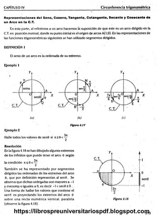 CAPÍTULO IV Circunferencia trigonométrica
Representaciones del Seno, Coseno, Tangente, Cotangente, Secante y Cosecante de
un Arco en la C.T.
En esta parte, al referirnos a un arco hacem os la suposición de que este es un arco dirigido en la
C.T. en posición normal, donde su punto inicial es el origen de arcos A( 1;0). En las representaciones de
las funciones trigonométricas siguientes se han utilizado segm entos dirigidos.
DEFINICIÓN 1
El seno de un arco es la ordenada de su extremo.
E jem plo 1
(a) (b) (c)
Figura 4.17
Ejem plo 2
Halle todos los valores de senG si ji < 0 < —
2
R esolución
En la figura 4.18 se han dibujado algunos extremos
de los infinitos que puede tener el arco 0 según
la condición it< 0 < ^
2
También se ha representado por segm entos
dirigidos las ordenadas de los extremos del arco
0 , que por definición representan al senG. Se
observa que dichas ordenadas son mayores a -1
y menores o iguales a 0, es decir -1 < senG < 0 . .
Una forma de hallar los valores que contiene el
sen 0 es proyectando los extremos del arco 0
sobre una recta num érica vertical, paralela
(observe la figura 4.18).
https://librospreuniversitariospdf.blogspot.com
 