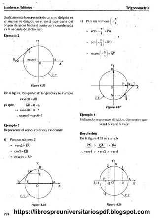 Lumbreras Editores •
Gráficamente la exsecante de urrarco dirigido es
el segm ento dirigido en el eje X que parte del
origen de arcos hacia el punto cuya coordenada
es la secante de dicho arco.
Ejemplo 2
De la figura, P es punto de tangencia y se cumple
exsecB = ÁR
yaque AR = R -A
=> exsecO - R- A
exsecB = sec0 -1
Ejemplo 3
Represente el verso, coverso y exsecante.
i) Para un número 2
• vers2= FÁ
• cov2= EB
• exsec2= AP
Trigonometría
ii) Para un número
» v ers[--j= P A
l 4 j
• c o v |-5 j = p
• exsec - - = AT
l 4J
Ejemplo 4
Utilizando segmentos dirigidos, demuestre que
vers4 > vers2 > versl
Resolución
De la figura 4.38 se cumple
,PA, > QA > ^
.-. vers4 > vers2 > versl
224
https://librospreuniversitariospdf.blogspot.com
 