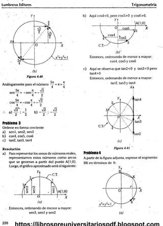 Lumbreras Editores T rigonometría
Problema 3
Ordene en forma creciente
a) sen l, sen2, sen3
b) cos4, cos5, cos6
c) tan2, tan3, tan4
Resolución
a) Para representar los senos de números reales,
representamos estos números com o arcos
que se generan a partir del punto A(1;0).
Luego, el gráfico aproximado será el siguiente:
Entonces, ordenando de menor a mayor:
sen3, senl y sen2
(b )'
Entonces, ordenando de menor a mayor:
cos4, cos5 y cos6
c) Aquí se observa que tan2<0 y tan3< Opero
tan4>0
Entonces, ordenando de menor a mayor:
tan2, tan3 y tan4
Problema4
A partir de la figura adjunta, exprese el segm ento
BK en términos de 0-.
226
 
