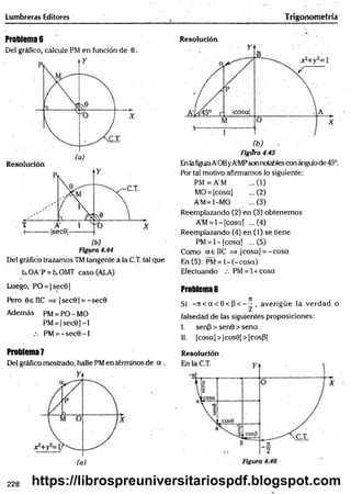 Lumbreras Editores Trigonom etría
Problema 6
Del gráfico, calcule PM en función de 9.
Del gráfico trazamos TM tangente a la C.T. tal que
tOA'P = COMT caso (ALA)
Resolución
Figúra 4.45
EnlafiguraA'OByA‘MPson notablescon ángulode 45°.
Por tal motivo afirmamos ío siguiente:
PM = A'M ... (1)
MO = |cosa| ...(2)
A'M=l-MO ...(3)
Reemplazando (2) en (3) obtenem os
A'M= 1- |cosa| ... (4)
Reemplazando (4) en (1) se tiene
PM = l- |c o s a | ...(5)
Como a ellC => |c o s a |= -c o s a
En (5): PM = l- (-c o s a )
Efectuando /. PM = 1+ cosa
Luego, PO = |se c 6 |
Pero 0elIC => |sec6 | = -se c 0
Además PM = PO-MO
PM = | sec01 -1
/. PM = - s e c 0 - l
Problema 8
Si - 7
i < a < 0 < ( ) < - ^ , averigüe la verdad o
falsedad de las siguientes proposiciones:
I. sen(3 > sen0 > sena
II. |cosa|> |cos0|> |cosp |
Problema 7
Del gráfico mostrado, halle PM en términos de a .
Resolución
228 https://librospreuniversitariospdf.blogspot.com
 