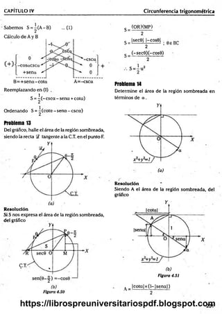 CAPÍTULO IV Circunferencia trigonométrica
Sabemos S = - ( A - B )
2
...0 )
Reemplazando en (!)
1,
S = -(-e se c t-se n a ,+ cota)
Ordenando S = - (c o ta -s e n a -c s c a )
Problema 13
Del gráfico, halle el área de la región sombreada,
siendo la recta r
d tangente a la C.T. en el punto F.
Resolución.
Si S nos expresa el área de la región sombreada,
del gráfico
c (ORXMP)
S = “ 2 “
S - |sece| l-cosel nc
2
g _ (-sec9 )(-co s8 )
Problema 14
Determine el área de la región sombreada en
términos de a .
(a)
Resolución
Siendo A el área de la región sombreada, del
gráfico
Y
Figura 4.51
^ _ [c o ta |x (l-|se n a |)
231
https://librospreuniversitariospdf.blogspot.com
 