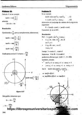 . Lumbreras Editores Trigonometría
Problema 30-
Calcule 9 si se cumple
tan9 = -co tí — I
v19 J
además
-5 n < 0 < -4 n '
Resolución
7
1
Cambiando a — por su complemento, obtenemos ■
l a n e - « n ( ^ )
lan9' ' an( " ' s !)
Graficamos en la C.T. el arco
Del gráfico tenernos que
. 1771
0 = -4 it----
38
/. 0 = -
169ti
38
Problema 31
Si se cumple
tan(0 + (3) > sen2Xi + sen2jf2 ... (I)
1 + cos0 = sec2x, +; cscxj | ■ ...(11)
determine el conjunto de valores de la siguiente
expresión
P = 12senP—cos01 + ¡senp + cos0¡
Considere p en el IIIC.
Resolución
Del: 1+ cos0 = sec2x, + 1cscx21
• V jc,eR -(2K + D - ; K eZ
2
sec2jr, > 1
• V x2e R -nrc ; n e Z
|cscx2!> 1
Luego, 1+ cose >2 • cose>l
Sabemos V 0e R -l< c o s0 < l
podemos afirmar que cos0 = 1 ; 0 = 2Kn
también, siendo
• sec2*, = 1 =* secx, = 1 o secir, = -l
• ¡cscx2¡= l =
> cscx2= l o csac2= -l
Dell: tan(8 +p)>sen2x, +sen2x2
í
=> tan(6 +P)>l
=> tanC2Kn+P)>1 => tanP> l
Y¡
240
https://librospreuniversitariospdf.blogspot.com
 