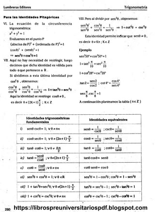Lumbreras Editores Trigonom etría
Para tais identidades Pitagóricas
VI. La ecuación de la circunferencia
trigonométrica:
x2 + y2 = 1
Evaluamos en el punto P
(abscisa deP )2 + (ordenada de P)2= l
(cos0)2 + (sen0)2=l
=» sen20-fcos20 = l
Vil. Aquí no hay necesidad de restringir, luego
decimos que dicha identidad es válida para
todo 0 que pertenece a R .
Si dividimos a esta últim a identidad por
eos20 , obtenemos:
eos2©
cos20
1
sen20 _ ____
cos20 eos2©
1+ tan20 = sec20
Aquí la identidad se restringe cos0 * 0 ,
es decir 0*(2K +1)~ ; K eZ
VIH.Pero al dividir por sen20 , obtenemos:
sen20* , cos20
spn20 sen20 sen20
l + cot20 = csc20
Esta identidad permite indicar que sen0 * 0 ,
es decir 0*Kn ; Ke Z
Ejemplo
sen250°+cos250°=l
1 + tan — = sec —
10 10
1 +cot228°=csc228°
. sen 2 eos 4o
tan2 = ------ ; cot4°= - -
eos 2 sen 4°
n n ,
sen—.esc—= 1
8 8
A continuación planteamos la tabla ( n e Z )
Identidades trigonométricas
fundamentales
------------ 3
Identidades equivalentes
i) sen0csc0= 1; V 0*njt sen0 = — ; csc0= —
csc0 sen0
ii) cos0sec0= 1; V 0* (2n+l)-7p
„ 1 Q 1
cos0 = — r ; sec0= — r
secO cos0
¡ii) tan© cot0= 1;V 0* H £
2
tan0 = —— ;co t0 = r-|3
cot0 tan0
iv ) ta n 0 = ^ ^ ;V 0*(2n + l)-£- tanOcos0= sen0
v ) cot0 = ;V 0 * nit
sen©
cot0 sen0= cos0
v i) sen20 + cos20 = 1; V 0 s R sen20'= 1-c o s 20 ; cos20 = 1 - sen20
vii) I + tan20=sec20; V 0 ?K2n+1)-^- tan20 = sec20 -1 ; sec20 - tan2©= 1
viii) 1 + cot20. = csc20; v Q * n n cot20 = esc2©- 1 ; csc20 - cot2
© = 1
https://librospreuniversitariospdf.blogspot.com
 