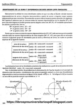 Lumbreras Editores T rigonometría
IDEN TID ADES DE LA SUMA Y DIFER EN CIA DE DOS ARCOS (DOS Á N G U LO S )______
Básicamente la utilidad de estas identidades radica en que con ellas se puede calcular razones
trigonométricas de arcos o ángulos desconocidos a partir de arcos o ángulos cuyas razones
trigonométricas sean conocidas. Para entender un poco más al respecto preste atención a lo siguiente:
Del Capítulo II sabemos que se conocen todas las razones trigonométricas de los ángulos 53° y 45°,
pero con estos ángulos es posible general nuevos ángulos com o son: 98°, 8o y - 8o mediante operaciones
de adición y sustracción, esto es:
98° se genera como: 53° + 45°
8o se genera como: 53° - 45°
- 8o se genera como: 45° - 53°
Puesto que se conocen todas las razones trigonométricas de 45° y 53°, indicaremos que sí es posible
calcular todas las razones trigonométricas de estos ángulos (98°, 8o, - 8o), pero para ello es necesario
conocer el siguiente grupo de identidades para la suma y diferencia de arcos, las cuales se pueden
expresar de la siguiente manera:
■ seno de la suma y sen(a + 0) = senacosO + cosasen0 . . 0 )
diferencia de dos circos sen(a - 0) = senacosO - eos asen© . . ( 2)
coseno de la suma y cos(a + 0) = cosa eos 0 - señasen© •• Í3)
diferencia de dos arcos cosía - 0) = cosa eos 0 + señasen© • •Í4)
tangente de la suma y
, tana + tan0
tan (a+ 0) = ------------------
1- tan a tan 0
Í5)
diferencia de dos arcos
__________________
, tana-tan©
tan(a - 0) = ------------------
l + tanatan0
Í6)
Las demostraciones de las identidades anteriores las realizaremos a partir de la demostración de la
siguiente identidad: cos(a - 0) = eos a eos 0 + senasenB
Para la identidad anterior, desarrollaremos la demostración de Cauchy, basado en el concepto de
distancia entre dos puntos, consideremos dos arcos en posición normal a y 0 en una circunferencia
trigonométrica com o se muestra en la figura 5.4 (a), donde mPQ=a - 0 . En la figura 5.4 (b) se muestra
un arco AM en posición normal cuya medida es a - 0
300
https://librospreuniversitariospdf.blogspot.com
 