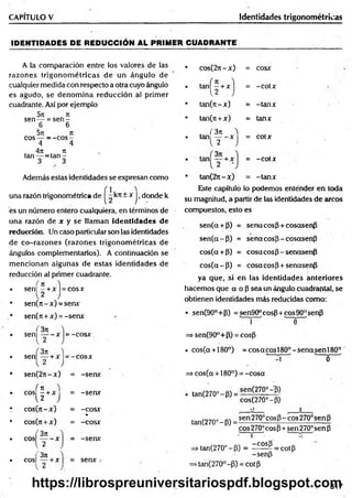 CAPITULO V Identidades trigonométricas
IDEN TID ADES DE R ED UCCIO N AL PRIMER CUADRANTE
A la comparación entre ios valores de las
razones trigonom étricas de un ángulo de
cualquier medida con respecto a otra cuyo ángulo
es agudo, se denom ina reducción al primer
cuadrante. Así por ejemplo
5n . k
sen — = s e n -
6 6
5n it
eo s— ——
eos —
4 4
. 4ji n
tan— = ta n -
3 3
Además estas identidades se expresan com o
una razón trigonométrica de ^- krt+ x j i donde k
es un número entero cualquiera, en términos de
una razón de x y se llaman id en tid ad es de
reducción. Un caso particular son las identidades
de co-razon es (razones trigonom étricas de
ángulos complementarios). A continuación se
m encionan algunas de estas identidades de
reducción al primer cuadrante.
sen| —
+x |=cosx
sen(7t-x)-senx
sen(7i+x) =-senx
'3n
sen| — - x 1= -co sx
, 3rt
sen] — + x l= -c o s x
sen(27t-x) = -serw
í n )
eos - + x = -serw
U J
c o s (7 t-x ) = -COSX
%
cos(tt+ x) = -co sx
(3 n
e o s ------x = -serw
l 2
,'371
cos| — + x | = serw
cos(2n - x ) = cosx
tan( r x )
= -c o tx
tan (n -x) = -tan x
tan(ji + x ) = tanx
, ( 3 7 1 )
t a n ------x
l 2 J
= cotx
= -c o tx
tan(2a - x ) = -tan x
Este capítulo lo podemos enténder en toda
su magnitud, a partir de las identidades de arcos
compuestos, esto es
sen(a + P) = sena eos fl + cosasenfi
se n (a -P ) = senacosjl - cosasenp
cos(a + P) = cosa eos P- senasenP
c o s(a -P ) = cosa eos P+senasenP
ya que, si en las identidades anteriores
hacem os que a o P sea un ángulo cuadrantal, se
obtienen identidades más reducidas como:
• _sen(90°+P) =sen90°cosP + cos90°senP
í
=> sen(90°+P) = cosP
• cos(a + 180°) = co sa co sl8 0 °-sen a sen l8 0 °
A 0
=> cos(a + 180°) = -co sa
tan(270°-P) =
sen(270°-p)
cos(270°-P)
tan(270°-P) =
sen270°cosP-cos270°senP
cos270°cosp + sen270°senP
■ o • ■ -i
» tan(270°-P) = - ^ = cotp
-senp
>tan(270°-P) = cotp
317
https://librospreuniversitariospdf.blogspot.com
 