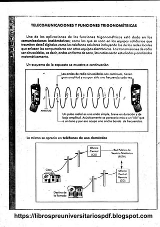 M
.
T E L E C O M U N IC A C IO N E S Y F U N C IO N E S T R IG O N O M É T R IC A S
Una de las aplicaciones de las funciones trigonométricas está dado en las
comunicaciones inalámbricas; como las que se usan en los equipos cotidianos que
trasmiten datos digitales como los teléfonos celulares incluyendo los de fas redes locales
que enlazan las computadoras con otros equipos electrónicos. Las transmisiones de radio
son sinusoidales, es decir, ondas en forma de seno, las cuales serán estudiadas y analizadas
matemáticamente.
Un esquema de lo expuesto se muestra a continuación
__ Las ondas de radio sinusoidales son continuas, tienen
^ gran amplitud y ocupan sólo una frecuencia cada vez
A A A .A A . A - í
U l / l / Ü l / Ü Ú '
AMPLITUD
Un pulso radial es una onda simple, breve en duración y de
baja amplitud. Acústicamente se parecería más a un "clic" qué
-a un tono y por eso ocupa una ancha banda de frecuencias.
Lo mismo se aprecia en teléfonos de uso doméstico
u - 7
Oficina
Central
(CO)
__Red Pública de
Servicio Telefónico
(PSTN)
Oficina
Centra!
Remota
(CO)
https://librospreuniversitariospdf.blogspot.com
 