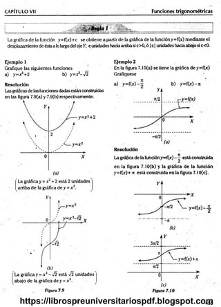 CAPÍTULO Vil Funciones trigonom étricas
■ Regla 1 ^ -
La gráfica de la función y=f(x)+c se obtiene a partir de la gráfica de la función y =f(x) mediante el
desplazamiento de ésta a lolaigo del eje Y, c unidades hacia arriba si c>0, ó |c| unidades hada abajo si c<0.
Ejemplo 1
Grafique las siguientes funciones
a) y=x2+2 b) y=x3-V2
Resolución
Las gráficas de las fundones dadas están construidas
en las figura 7.9(a) y 7.9(b) respectivamente.
La gráfica y = x2+ 2 está 2 unidades'
arriba de la gráfica de y = x2.
La gráfica y = x 3- %
/2 está -Í2 unidades
abajo de la gráfica de y = x3.
Ejemplo 2
En la figura 7.10(a) se tiene la gráfica dey=f(x)
Grafíquese
7
1
La gráfica de la función y - f(x) está construida
en la figura 7.10(b) y la gráfica de la función
y=f(x)+ n está construida en la figura 7.10(c).
Figura 7.9
455
https://librospreuniversitariospdf.blogspot.com
 