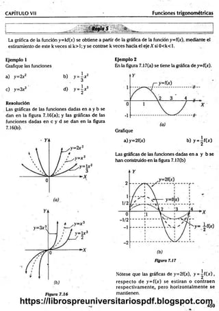 CAPÍTULO Vil -_____________________ Funciones trigonométricas
■
: ReglaS v
. _______ * . ____ m M M m ~ '" n ----- ------------------------ ' " • ..........■
■:■
■
...... ■
-•■ -----
La gráfica de la función y=kf(x) se obtiene a partir de la gráfica de la función y=f(jr), mediante el
estiramiento de este k veces si k> 1; y se contrae k veces Hacia el eje X si 0<k< 1.
Ejem plo 1
Grafique las funciones
a) y=2x2 b) y = ^jc2
c) y=3x3 d) y = | x 3
R esolución
Las gráficas de las funciones dadas en a y b se
dan en la figura 7.16(a); y las gráficas de las
funciones dadas en c y d se dan en la figura
7.16(b).
Ejem plo 2
En la figura 7.17(a) se tiene la gráfica de y=f(x).
Grafique
a)y= 2f(x) b) y = |f ( jr )
Las gráficas de las funciones dadas en a y b se
han construido en la figura 7.17(b)
2
1
1/2
Ó
- 1/2
-1
-2
(b)
Figura 7.17
Nótese que las gráficas de y=2f(x), y = ^ f( x ) ,
resp ecto de y= f(x) se estiran o contraen
respectivam ente, pero horizontalm ente se
mantienen.
459
https://librospreuniversitariospdf.blogspot.com
 