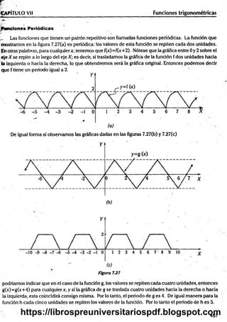 CAPÍTULO Vil Funciones trigonom étricas
rafa*........... ' - ———
— — —
- ..........— ........ ........... 1 " —........ ■ '■ ..... -
Funciones Periódicas
_ Las funciones que tienen un patrón repetitivo son llamadas funciones periódicas. La función que
mostramos en la figura 7.27(a) es periódica: los Valores de esta función se repiten cada dos unidades.
En otras palabras, para cualquier x, tenemos que f(x)=f(jr+2). Nótese que la gráfica entre 0 y 2 sobre el
eje X se repite a lo largo del eje X es decir, si trasladamos la gráfica de la función f dos unidades hacia
la izquierda o hacia la derecha, lo que obtendremos será la gráfica original. Entonces podemos decir
que f tiene un periodo igual a 2.
F!. ■
•De igual forma si observamos las gráficas dadas en las figuras 7.27(b) y 7.27(c)
Figura 7-27
podríamos indicar que en el caso de la función g, los valores se repiten cada cuatro unidades, entonces
gOO=gC*+4) para cualquier*, y si la gráfica de g se traslada cuatro unidades hacia la derecha o hacia
la izquierda, esta coincidirá consigo misma. Por lo tanto, el periodo de g es 4. De igual manera para la
función h cada cinco unidades se repiten los valores de la función. Por lo tanto el periodo de h es 5.
467
https://librospreuniversitariospdf.blogspot.com
 
