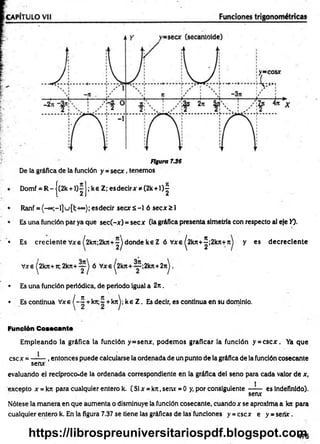 Figura 7.36
De la gráfica de la función y = se cx , tenemos
Domf . R - { '(2k +l); ; ke Z; es decir x * (2k + l)^
Ranf = {-°°;-1]u [1;-h=°); es decir s e c x s - l ó s e c x ^ l
Es una función par ya que sec(-x ) = secx (la gráfica presenta simetría con respecto al eje Y).
• Es crecien te Vxe ¡2kn-,2kn+~j donde ke Z ó Vxe ^2kn+^;2kjt+Jt) y es d ecrecien te
Vxe ^2kn+7r, 2kn+ — j ó Vxe ^2kn + — ;2kn+2nJ.
• Es una función periódica, de periodo igual a 2 n .
• Es continua Vxe ^ - í + krt;~ + knj; ke Z . Es decir, es continua en su dominio.
Función Cosecante
Em pleando la gráfica la función y=senx, podem os graficar ia función y = cscx . Ya que
esc x = — — , entonces puede calcularse la ordenada de un punto de la gráfica de la función cosecante
senx
evaluando el reciproco.de la ordenada correspondiente en la gráfica del seno para cada valor de x,
excepto x = krc para cualquier entero k. ( Si x = kn, senx = O y, por consiguiente —-— es indefinido).
senx
Nótese la m anera en que aum enta o disminuye la función cosecante, cuando x se aproxima a kn para
cualquier entero k. En la figura 7.37 se tiene las gráficas de las funciones y = esex e y - sen x .
https://librospreuniversitariospdf.blogspot.com
 