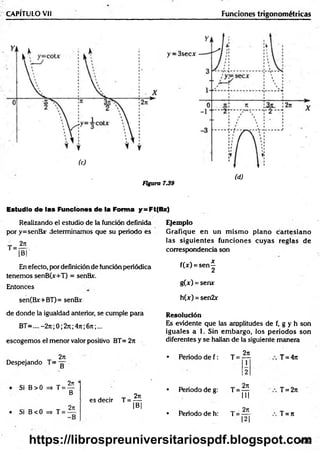 CAPITULO Vil Funciones trigonométricas
(c)
y = 3secx
Figura 7.39
(d)
Estudio de las Funciones de la Forma y=Ft(Bx)
Realizando el estudio de la función definida
por y=senBx determinamos que su periodo es
2n
T = - .
tB|
En efecto, por definición de función periódica
tenemos senB(jc+T) = senBx.
Entonces
sen(Bx+BT)= senBx
de donde la igualdad anterior, se cumple para
BT=.... -27t;0; 2íc;4z
z;6rt;...
escogemos el menor valor positivo BT= 2;t
2n
Despejando T=
B
2ít
Si B > 0 => T = —
B
• Si B <0 => T =
2
7
1
. . . 2)t
es decir T = -—-
IB |
Ejemplo
G rafique en un m ism o plano cartesiano
las siguientes funciones cuyas reglas de
correspondencia son
f(x) = se n ^
g(x) = senx
h(x) = sen2x
Resolución
Es evidente que las amplitudes de f, g y h son
iguales a 1. Sin em bargo, los periodos son
diferentes y se hallan de la siguiente manera
• Periodo de f : T =
• Periodo de g: T =
2t
e
T
2
2n
111
• Periodo de h: T =
• 2n
|2|
T = 4?t
T = 2ti
T = 7
t
479
https://librospreuniversitariospdf.blogspot.com
 