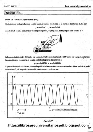 • A p l k a t i ó n ______________________________________________________________ ___
SUMADE FUNCIONES (Teléfonos Ajos)
Cada botón o tecla produce un sonido único, el sonido producido es la suma de dos tonos, dados por
y = sen(2nR) ; y = sen(2nht)
donde Ry h son las frecuencias (ciclos por segundo) bajas y altas. Por ejemplo, si se oprime el 7
CAPÍTULO Vil _________________________ _______ _
■
______________Funciones trigonométricas
la frecuencia baja es R=852 ciclos por segundo, y la frecuencia alta es h= 1209ciclos por segundo, entonces
la ecuación que representa el sonido emitido al oprimir el número 7 es
y = sen2rc (852)t + sen2n (1209)t
Expuesto lo anterior podemos obtener la gráfica de la ecuación que representa el sonido al oprimir la teda
del número 7, dicha gráfica senoidal la mostramos a continuación
Figura 7.47
487
https://librospreuniversitariospdf.blogspot.com
 