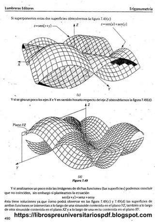 Lumbreras Editores Trigonometría
Si superponemos estas dos superficies obtendremos la figura 7.49(c)
Ysi se gira un poco los ejes X e Yen sentido horario respecto del eje Z obtendríamos la figura 7.49(d).
Az
Plano YZ
(d)
Figura. 7.49
Ysi analizamos un poco más las imágenes de dichas funciones (las superficies) podemos concluir
que no coinciden, sin embargo si planteamos la ecuación
sen(x+y)=seruf+seny
ésta tiene soluciones ya que como podrá observar en las figura 7.49(c) y 7.49(d) las superficies de
ambas funciones se intersectan a lo largo de una sinusoide contenida en el plano YZ, también a lo largo
de otra sinusoide contenida en el plano XZ y a lo largo de una recta contenida en el plano XY.
490
https://librospreuniversitariospdf.blogspot.com
 