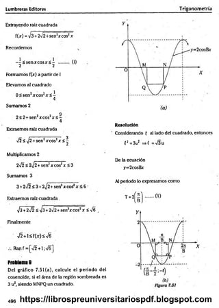 Lumbreras Editores T rigonometría
Extrayendo raíz cuadrada
f(x) = v3 + 2V2+sen2x eos2x
Recordemos
- i< s e n x c o s x < - ..... (1)
2 2
Formamos f(x) a partir de I
Elevamos al cuadrado
0 < sen 2xcos2x < -
4
Sumamos 2
Q
2 < 2 + sen 2xcos2x < -
4
Extraemos raíz cuadrada
y¡2<y¡2 +sen2xcos2x <|
Resolución
Considerando 5 al lado del cuadrado, entonces
( 2 = 3u2 =>i =V3u
Multiplicamos 2
2>/2 < 2^2+ sen2x eos2x < 3
Sumamos 3
3 +2%/2<3 + 2^2+sen2xcos2x < 6
Extraemos raíz cuadrada _
y¡3+2^2 < V3 + 2/2+sen2xcos2x <%/6 ,
Finalmente
42 +< f{ x ) < S
Ranf =[V2 + 1;V6]
Problema 9
Del gráfico 7.51 (a), calcule el periodo del
cosenoide, si el área de la región sombreada es
3 u2, siendo MNPQ un cuadrado.
De la ecuación
y=2cosBx
Al periodo lo expresamos como
T=2
( i ) ..... 0)
496 https://librospreuniversitariospdf.blogspot.com
 