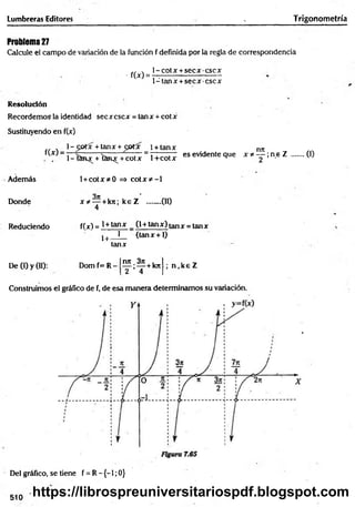 Problema 27
Calcule el campo de variación de la función f definida por la regla de correspondencia
, l-coU c + se c x c sc x
• f(* )= - - -------------------
1 -tan x +s e c x c s c x
Lumbreras Editores _ Trigonometría
Resolución
Recordemos la identidad sec x cscx = tanx + cotJf
Sustituyendo en f(x)
cr ^ 1-^oC x+tanx+ cfK x l + tanx njt
f W - l - t ^ + í ^ + c o t , = T ^ es evidente que x ^ y ;n.eZ
Además l +cotjr*0 => c o tJr* -l
(0
Donde x * — + k Jt;k e Z ........(11)
4
Reduciendo ffjc) = 1+ tan* _ (1+ tanjr) tan* = tanjr
1 1 1 (tanjr+1)
tanjr
De (1) y (11): Dom f= R-
rut 3n .
— ;— +krt
2 4
; n ,k e Z
Construimos el gráfico de f, de esa m anera determinamos su variación.
Del gráfico, se tiene f = R - {-1; 0}
510
https://librospreuniversitariospdf.blogspot.com
 