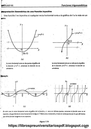r
v ■ .
SftPÍTULO Vil _____________________________________ Funciones trigonométricas
interpretación Geométrica de una Función Inyectiva
I- Una función f es inyectiva si cualquier recta horizontal corta a la gráfica de f a lo m ás en un
ninto.
Larecta horizontal corta en un sólopunto algráfico
de la fundón y= x3+ l, entonces la fundón es
univalente.
Ejemplo
En este caso la recta horizontal corta al gráfico de la fundón y = senx en infinitos puntos, entonces la función seno no es
inyectiva, de igual forma la recta horizontal en la figura 7.78(d) corta a la fundón y=ta n x en varios puntos por lo que afirmamos
que dicha función tangente no es inyectiva.
Figura 7.78
521
https://librospreuniversitariospdf.blogspot.com
 
