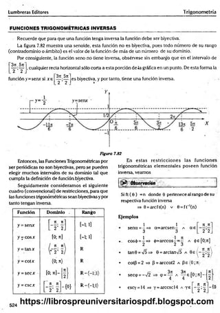 Lumbreras Editores Trigonometría
FUNCIONES TRIGONOMETRICAS INVERSAS
Recuerde que para que una función tenga inversa la función debe ser biyectiva.
La figura 7.82 muestra una senoide, esta función no es biyectiva, pues todo número de su rango
(contradominio o ámbito) es el valor de la'función de más de un número de su dominio.
Por consiguiente, la función seno no tiene inversa, obsérvese sin embargo que en el intervalo de
3ji.571
T 'Y _
función y=senx si x e
, cualquier recta horizontal sólo corta a esta porción de Ja gráfica en un punto. De esta forma la
3rt 5t
t
2 2
es biyectiva, y por tanto, tiene una función inversa.
t
Figura 7.82
Entonces, las Funciones Trigonométricas por
ser periódicas no son biyectivas, pero se pueden
elegir muchos intervalos de su dominio tal que
cum pla la definición de funcióa biyectiva.
Seguidamente consideram os el siguiente
cuadro (convencional) de restricciones, para que
las funciones trigonométricas sean biyectivas ypor
tanto tengan inversa.
Función
y = serw
y = cosat
y = tan*
y = cotx
y = secx
y = cscx
Dominio Rango
7t Jl
2’ 2.
[0; n]
n n
~2’ 2
(0; n)
[ 0; tu]
Tí' K
2 ’ 2.
-{0}
[-1; i]
[-1; i]
R
R
R -(-i;i>
En estas restricciones las funciones
trigonométricas elem entales poseen función
inversa, veamos
O b s e rv a tió n ________________ _ _ _ _
S ift(e ) =n donde 0 pertenece al rango de su
respectiva función inversa
=
s> 0 =arcft(n) v 9 = fr'(n )
Ejem plos
1 1
sena = -=> a= arcsen - a a e
3 3
n.n
2 ’~
2
cos<
¡>=
1 1 K i r/ "
i
-=> ó=arcc0S2 = 3 A Ós I0;7tj
tan0 = '/5=> 0 = arctan/5 a
cotp = 2 = > P = arccot2 a P e ( 0 ; n )
sec(p = -V2
3t
t 3k r_ -i 17t
<
p = T A T 6 [0 ;n] Í 2
• cscy = 14 => y = amccsc14 a ye
re _n
2 ’ 2
-ío:
524
https://librospreuniversitariospdf.blogspot.com
 