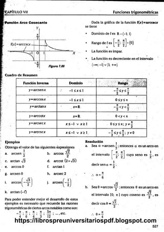 PITULO VI! Funciones trigonométricas
Función Arco Cosecante Dada la gráfica de la función f(x)=arcesex
se tiene
1
T
Z
2
f(x)=arccscx 1 K
' / ! r > . ______
lí
-7t
2 Figura 7.88
• Dominio de fes R - (-1; l)
-{0}
Jt
. 2 ’ 2.
• Rango de f es
• La función es impar.
• La función es decreciente en el intervalo
-1) v (1; +«>}
Cuadro de Resumen
Fundón Inversa Dominio ■
v Rango
y=arcsenx ~ -1 £ x < l
T
T K
— S y £ -
2 2
y-árceo s x -1 <X<1 Oáyáit
y=arctanx . x=R
n Jt
2 3 2
y=arccotx x=R 0<y<jt
y=arcsecjc x S -1 v x > 1 Otsyájt; y * |
y=arecscx x < -1 v x £ 1 - f < y ^ ¡ : y ^ °
Ejemplos
Obtenga el valor de las siguientes expresiones
Resolución ^
a. Sea a =arcsen-
a. aresen
1
2
b.
72
árceos —
2 el intervalo
1
K
|
cm
1
1
______
1
c. arctan 73
e. árceos 0
d.
f.
arccot (2+73)
arctan 1
decir sen a =
1
2 •
g. aresen 0 h. aresee 2 - T
t
.*. a = —
i. árceos
V-
_____
>
i- aresen
b.
6
72
Sea0 =arccos —
cuyo seno es - , es
k. arctan (-0
Para poder entender mejor el desarrollo de estos
ejemplos es necesario que recuerde las razones
trigonométricasdeciertosarcosnotablescomoson:
V2
el intervalo [0; jt ] cuyo coseno és — , es
J
T . Jt . J
T . 7
1 . 571 .
4 6 12
; ... ,etc.
decir eos 0
,. e= í
.4
_V 2
527
https://librospreuniversitariospdf.blogspot.com
 