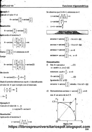 M*ÍTULO Vil Funciones trigonométricas
apio 1
Jcule el valor 6 si
0 = arelan
« so lu c ió n
í'. 0 = arctaní ? )+ ardan! -
i: U J 17
Aplicando el teorem a 3
!
» c s o  s-t  
ardan -
7
0 = ardan ü
’-'íK
)
+ mc
Como
Luego
m
<1 entonces n=0
0 = ardan
De dónde
= arctan(l)
r 0 = arctan(l) a - ^ < 0 < -
Dado ló anterior obtenemos tan0 = l identificando
el valor de 0 que cumple con el intervalo
. í . *  es -
2 ’ 2/ 4
•■•6 = i
Ejemplo 2
Calcule el valor de Y. si
Y= arctan*2 + ardan 4
Resolución
Aplicando el teorema 3
2 + 4
Y= a rd a n !--------- I+ njt
'1 -2 x 4
Se observa que 2x4> 1, entonces n= 1
, | 2+4 1
Y= arctanl -—r— r |+ jt
J - 2 x 4 J
Y= arctanl ^ |+ n
V
y =n - ardan -
aresenx = árcese
arccosx = aresee
arctanx = arccot
aretaro:= arccot
(£ ]; -i<x<i-{o>.
-l< x¡;l-{o}
(í)::~
°
Gh x< 0
D em ostradón
0 Sea 0 = aresenx ....(1)
=» sen0 = x ; x e[-l;l]
(2)
entonces csc0 = —; X *0
x
0 = árcese^—
Igualando (1) y (2)
aresenx = arccscí - | siendo -1 < x < 1- {0}
//') Demostremos arctanx = arccot| —| ; x>0
sea 0 un arco de la C.T.
539
https://librospreuniversitariospdf.blogspot.com
 