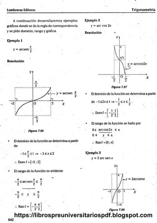 Lumbreras Editores Trigonom etría
A continuación desarrollaremos ejemplos
gráficos donde se da la regla de correspondencia
y se pide dominio, rango y gráfica.
Ejemplo 1
x
y = arcsen —
Resolución
El dominio de la función se determina a partir
de
-1< —<1 => -2 < x < 2
2
Dom f = [-2 ; 2]
El rango de la función es evidente
jt x n
— < arcsen—< -
2 2 2
Ran f =
2 ’2
Ejemplo 2
y = are eos 2x
Resolución
• El dominio de la función se determina a partir
de —
1<2jc< 1 = > - - < * < i .
2 2 -
Domf =
2 ’2
• El rango de la función se halla por
0< arccos2x < n
0 < y ' < n
Ranf =[0;7t]
Ejemplo 3
y = 2 are sen x
542
https://librospreuniversitariospdf.blogspot.com
 