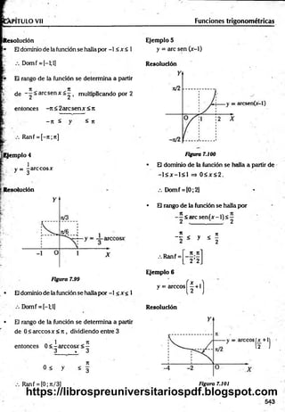 VPITULO Vil Funciones trigonométricas
Itesolución
El dominio de la fundón se halla por -1 < x < 1
Domf = [-l;l]
El rango de la función se determina a partir
n _ n
de _ 2~ arc Sen X ~ 2 ’ mult*PÍ*can^ ° Por ^
entonces -Jt<2arcsenAf<Jt
<
- n - n
Ranf = [-7t;n]
[Ejem plo 4
v = -arccosAr
y 3
lución
Figura 7.99
• Eldominio de la función se halla por -1 < x < 1
Domf = [-l;l]
• El rango de la función se determina a partir
de 0 < árceos x <n , dividiendo entre 3
1 7t
entonces 0 < - arccosx < —
3 . 3
n
° < y < 3
Ranf = [0; n/3]
Ejemplo 5
y = arc sen (jr-1)
Resolución
Figura 7.100
• El dominio de la función se hedía a partir de
-1 < jc—
1< 1 => 0 < Jt< 2 .
Domf = [0;2]
• El réingo de la función se halla por
< «irc senfjr -1) < —
2 , . 2
7
1 ji
“ tt < y < -
2 . 2
.-. Ranf =
Ejemplo 6
y = árceos
Resolución
_ n -nl
” 2 ’2 j
(f+
1
)
s( f +'l
543
Figura 7.101
https://librospreuniversitariospdf.blogspot.com
 