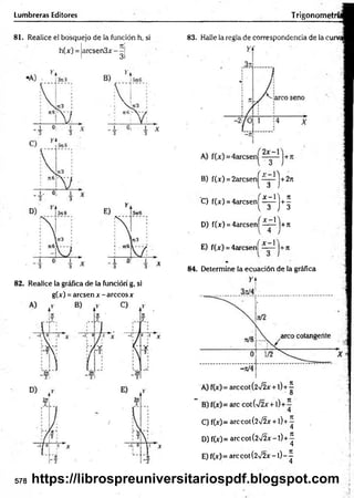Lumbreras Editores Trigonom etrí
81. Realice el bosquejo de la función h, si
h(x) = árese n3x - -I
3l
82. Realice la gráfica de la función g, si
g(x) = aresen x - árceos x
83. Halle la regla de correspondencia de la curv
B) f(x) = 2arcsen^^~pj+2rc
C) f(x) = 4 a rc s e n ^ ^ j+ ^
D) f(x) = 4 arc se n ^ ~ ^ j+ n
E) f(x) = 4arcsení;~ ^ j + n
84. Determine la ecuación de la gráfica
r f
C) f(x)= arccot(2>/2x + l) +^
D) f(x) = are cot (2V2x - 1)+^
E) f(x) = are cot (2V2x - 1)- ^
578 https://librospreuniversitariospdf.blogspot.com
 