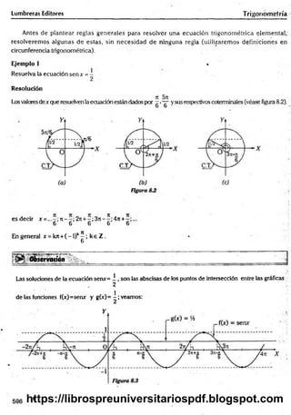 Lumbreras Editores Trigonometría
Antes de plantear reglas generales para resolver una ecuación trigonométrica elem ental,
resolveremos algunas de estas, sin necesidad de ninguna regla (utilizaremos definiciones en
circunferencia trigonométrica).
Ejem plo 1 •
Resuelva la ecuación sen x = -
Resolución
Losvaloresdex que resuelven laecuación están dados por —> ~ ysus respectivos coterminales (véase figura 8.2).
Figura
es decir x = re --; 2 re+ -;3 it-^;4 it +
6 6 6 6 6
En general x = kn+( - l)k^ ; k e Z .
6
+*rr*t*Z’JR*r* -
^ Observación
Las soluciones de la ecuación serur= 1 , son las abscisas de los puntos de intersección entre las gráficas
2
de las funciones f(x)=senx y g(x)= i ; veamos:
596 https://librospreuniversitariospdf.blogspot.com
 