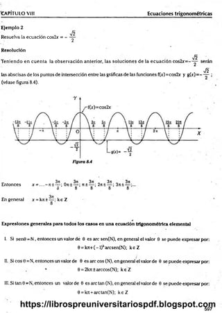 CAPÍTULO VIII Ecuaciones trigonométricas
Ejemplo 2
Resuelva la ecuación cos2x = -
V2
2
Resolución
V2
Teniendo en cuenta la observación anterior, las soluciones de la ecuación cos2x=- — serán
N y¡2
las abscisas de los puntos de intersección entre las gráficas de las funciones f(x)=cos2x y g(x) = - — ;
(véase figura 8.4).
c * . 3it 3rc ,3 it , ,3 n , ,3 n
Entonces x = ...-7 t± — ; 0n± — ; 71± — ; 2n±— ; 3ji± —
3 8 8 8 8
En general x = kre±— :k e Z
8
Expresiones generales para todos los casos en una ecuación trigonométrica elemental
I. Si senG = N , entonces un valor de 0 es are sen(N), en general el valor 0 se puede expresar por:
0 = k7t+(-l)karcsen(N); k e Z
II. Si eos 0 =N, entonces un valor de 0 es are eos (N), en general el valor de 0 se puede expresar por:
0 = 2kjt±arccos(N); k e Z
III. Si tan 0 =N, entonces un valor de 0 es are tan (N), en general el valor de 0 se puede expresar por:
0 = krc+ arctan(N); k e Z
597
https://librospreuniversitariospdf.blogspot.com
 
