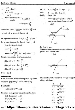 Lumbreras Editores Trigonom etrí
sen26 .
=>---------— = 2cOS0
eos 20
2sen 0eos 0
+ 2cos0 = O
eos 20
2cos0(sen0 + cos20)
eos 20
= 0; eos20 * 0
>20*(2n + l)^
►
cos0 = 0 v sen0 + eos20 = 0; 0 *
■(2n + l)-;n e Z
>cos0 = O v sen0 + l-2 seri20 = O
De la primera ecuación 0 = (2k + l) - ...(l);k eZ
De la segunda ecuación 2sen20 - sen 0 -1 = 0
(2sen0 + l)(sen 0 -l) = O
1
sen0 = - sen0 = l
0 = kjt + (-l)k^ j . . . ( 2 ) ¡0 = 1 + 2101 ...(3)
Luego, regresando a la variable angular x
(1 ) en (l) => x = 2kn + y
(2) en (I) => *=2krr + | - ( - l ) k^
(3) en (I)
Donde k e Z
x =4kn +
37t
Problema 22
Halle el número de soluciones para la siguiente
ecuación |log(senar)| = e 'senx; Vxe (0;3rc)
Resolución
|lpg(senx)j = e 'senx... (1)
Hacemos corresponder las siguientes funciones
f(x) = log(senx) ...(2)
g(x) = |log(senx)| ...(3)
h(x) = e ' ... (4)
De (2): f(x) = log|S?B-íj = loga .>. (5)
Pero 0 < se n x < l= s 0 < a < l
De(5) f(x) = loga
=> f(a)=log(a); dibujando lafunción
logarítmica (Véase figura 8.22(a))*
Se observa que
Si a toma valores ascendentes desde 0 hasta 1,1
gráfica de la función sería
Planteando una tabulación en K=log(senx) par.
el intervalo 0<x< n
X Y
rc/6 •og(l/2)
71/4 log(V2/2)
71/3 logCV3/2)
jc/2 0
2n/3 log(V3/2)
•3ji/4 log(V2/2)
5it/6 lo g a /2)
628 https://librospreuniversitariospdf.blogspot.com
 