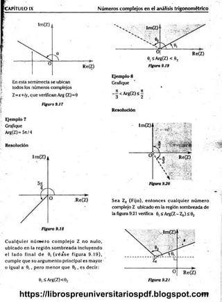 ¡CAPÍTULO IX Números complejos en el análisis trigonométrico
Im (Z),
r
1 - Im(Z)<
0,
.0 0
 _ 0,£Ar
 Re(Z)
g(Z) < 0,
? "
1 En esta se
; todos los
1
u Z=x+iy, q
ij.
0
mirrecta s
aúmeros c
ue verific.
figur
Re(Z) F
ig
u
r
a9.19
Ejemplo 8
e ubican Grafique
romplejos *
in Arg (Z)=0 - - <Arg (Z )< -
a 9.17
Resolución
Ejemplo 7
Gra/ique
Arg(Z)= 5ji/4
Resolución
C u alq u ier núm -ero co m p lejo Z no nulo,
ubicado en la región som breada incluyendo
el lad o final d e 0, (v é a s e fig u ra 9.19),
cum ple que su argum ento principal es mayor
o igual a 0, , pero m enor que 02 , es decir:
0,<Arg(Z)<02
Sea Z0 (Fijo), entonces cualquier núm ero
complejo Z ubicado en la región sombreada de
la figura 9.21 verifica 0, < Arg(Z - Z0) < 02
659
https://librospreuniversitariospdf.blogspot.com
 