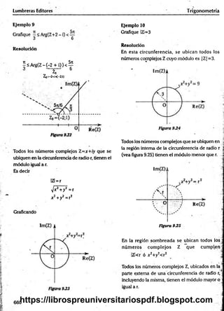 Lumbreras Editores Trigonometría
Ejemplo 9
Grafique -S A rg (Z + 2 -i)< —
3 6
Resolución
|s A rg (Z -(-2 + i ) ) < ^
y ' ~ T T 6
Zo=-2+W-2;l)
Todos los números complejos Z=x+iy que se
ubiquen en la circunferencia de radio r, tienen el
módulo igual a r.
Es decir
Ejemplo 10
Grafique |ZI=3
Resolución
En esta circunferencia, se ubican todos los
números complejos Z cuyo módulo es |Z| =3.
Todos los números complejos que se ubiquen en
la región interna de la circunferencia de radio r
(vea figura 9.25) tienen el módulo menor que r.
Im(Z)/t
!Zl = r
•Jx2+y2 =r
x2+y2= r2
Graficando
■
i
Figura 9.25
En la región som breada se ubican todos los
núm eros com plejos Z que cum plen'
IZkr ó x2+y2< r2
Todos los números complejos Z, ubicados en !a^
parte externa de una circunferencia de radio r,
incluyendo la misma, tienen el módulo mayor o
igual a r.
660
https://librospreuniversitariospdf.blogspot.com
 