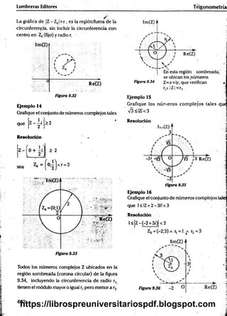 Lumbreras Editores Trigonom etría
La gráfica de ¡Z- Z0|> r , es la región.’fuerade la
circunferencia, sin incluir la circunferencia con
centro en Z0(fijo) y radio r.
Ejemplo 14
Grafique el conjunto de números complejos tales
7 *•
Z — i
2
que
Resolución
¿2
Todos los números complejos Z ubicados en la
región sombreada (corona circular) de la figura
9.34, incluyendo la circunferencia de radio r,
tienen el módulo mayor o igual r, pero menor a r2.
Figura 9.34 Z=x+iy, que verifican
r,s jZ Icr,
Ejemplo 15
Grafique los núm eros com plejos tales qut
S< 7¡< 3
Resolución
Ejemplo 16
Grafique el conjunto de números complejos tale
que 1< IZ+ 2—
3/1< 3
Resolución
1< |Z- (-2 + 3/)| < 3
Z0= (-2;3) a r, = 1 a r2 = 3
662
https://librospreuniversitariospdf.blogspot.com
 