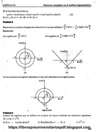 p - . . . . . . . . . . . . . . . .
CAPÍTULO IX Números complejos en el análisis trigonométrico
De la identidad del problema
sen7a = Acos6ccsena + 13cos4asen3cc+ Ccos2asen 5ct+ Dsen7a ...(2)
De (1) a (2): A=7; B=-35; C=21;D=-1
Problema 8
Represente en el plano complejo los números Z=x+iy que verifiquen — ■
5 IZl < 1 a í < Arg(Z + /) < ^
Resolución
a) La gráfica de - y ^ IZl < 1 b) La gráfica de —^ Arg(Z +i)< —
Si intersectamos las regiones obtenidas en (a) y (b) obtendremos la región pedida.
Problema 9
Indique las regiones que se definen en el plano de Gauss m ediante las relaciones siguientes:
(Z = *+ />;/= n
£ Í ) , . .
a) I z l s l a |lm(Z)|>|Re(Z)|2 b) |Re(Z)||Im(Z)|> 1 a IZl < 2 c) |ez2| < 1
669
https://librospreuniversitariospdf.blogspot.com
 