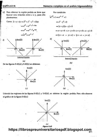 TULO IX Núm eros complejos en el análisis trigonométrico
Para obtener la región pedida se tiene que
buscar una relación entre x e y, para ello
Por condición
lez2|<l=s>e*2' >
’
J <1
planteamos:
Como Z = x + ry => Z2'= x 2- y2+ i2xy =>x2- y 2<0
=>ez2 i2x* =*(x + y )(x -
=*e2i = e’*-y2e l2xyi =>x + y> 0 a
i Z2I x * -  J
=» le I= e y
<
Y
A
w
It
i)  4&n(Z)

O
Alm(Z) /
✓
/
R e (Z ) Re(Z)
Intersectando
(a)
De las figuras 9.42(a) y 9.42(b) se obtienen
Im(Z)
«)
AIm(Z)
O  Re(Z)
✓
Intersectando
(b)
s
✓
o r 7 (z )
Im(Z)
 n Re(Z)

N
(c) (d)
Uniendo las regiones de las figuras 9.42(c) y 9.42(d), se obtiene la región pedida. Para ello observe
el gráfico de la figura 9.42(e)
(e)
Figura 9.42
671
https://librospreuniversitariospdf.blogspot.com
 