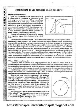 SUR G IM IEN TO DE LOS TÉRMINOS SENO Y TANGENTE
Origen del térm ino seno
Por el año 500, después de n.e., los matemáticos de
la India empezaron a considerar el movimiento de una
recta que gira en sentido contrario al de las manecillas del
reloj alrededor de un punto fijo, y a medir las longitudes
de las semicuerdas o perpendiculares trazadas desde el
extremo de la recta (en diversas posiciones de su
movimiento) alaposición inicial de ella. (Véase laprimera
figura). Esarectase conoce hoy en díacomo radio vector
o “radio movimiento” (del latín: vector, “portador", de
vehor, “muevo"; compárese con “vehículo”).
Por esta razón la longitud de la semicuerda se asoció
a un ángulo, el ángulo determinado por el giro de la
recta.
Los indios dieron el nombre de jva a dicha semicuerda, nombre que en hindú significa cuerda. La
palabra pasó al árabe como¡iba y más tarde se confundió con la palabra árabejgib debido probablemente
aque las palabras en árabe se escribían frecuentemente sin vocalesy por ser iguales las consonantes de
ambas jiba y jaib, es decir jb. Sin embargo, la palabra jaib no tiene relación alguna con la longitud de
la semicuerda ya que significa la abertura en el cuello de una prenda de vestir. Pese a ello, los árabes
tomaron la costumbre de designar a la semicuerda por medio de dicha palabra jaib sin sentido, que
hacía referencia a un “doblez” o “curva". Por ese tiempo, los matemáticos europeos se familiarizaron
con la palabra árabe referente asemicuerda y tradujeron jaib por la palabra slnus que significa “doblez"
o “curva” . Dicho error se ha perpetuado en nuestra palabra seno. Así pues, originalmente el seno de un
ángulo representaba la longitud de la semicuerda de una circunferencia de un radio uno. En nuestros
días, como pronto veremos, cuando hablamos del seno de un ángulo, no hablamos de una longitud.
Origen del térm ino tangente
Como se ha visto, en la mente de los antiguos ya existía la idea de la relación entre la altura de un
poste y la longitud de su sombra. Para rnedir el paso de! tiempo inventaron el reloj de sol de dos tipos: uno
con la varilla vertical de modo que su sombra se proyectara sobre una superficie horizontal; el otro tipo
con su varilla inclinaday sujeta a una pared vertical, de modo que susombra seproyectaba sobre la pared.
No obstante que la relación existente entre la altura de un poste y su sombra se estudió desde los
tiempos más remotos, no fue sino hasta el siglo X d.n.e. cuando los árabes empezaron a estudiar
longitudes análogas relacionadas con el radio de una circunferencia.
Tuvieron que pasar otros cinco siglos para que la palabra
tangente se le asignara a una recta tal como la indicada por TN
en la segunda figura. La tangente a una circunferencia es la recta
que latoca en un solo punto (del latín: tango, “toco"). Una mejor
definición que abarca otras curvas, además de la circunferencia,
es: “ Una tangente es la posición límite de una secante”. Sin
embargo, como aquí sólo estamos considerando tangentes a
circunferencias, por el momento será suficiente la primera
definición.
Supongamos que TN es parte déla tangente alacircunferencia;
ON el radio y OT laprolongación de una recta en movimiento o
radiovector. En el siglo XVI los matemáticos empezaron adesignar
a TN como la tangente del ángulo TON.
|'
j
l
i
i
i
I
I
f
1 ■
1
á
3,
1
*
I
f •
J
https://librospreuniversitariospdf.blogspot.com
 